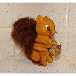 Vintage Flocked Squirrel Figurine w/ Real Fur Tail mcm kitsch animal acorn 1950s